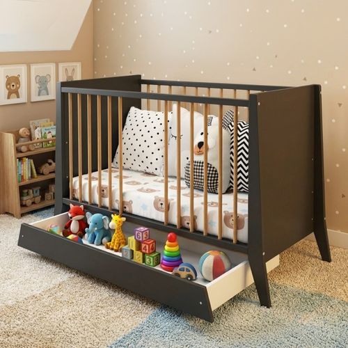 Lit Bébé Évolutif Avec Tiroir Timeo 60x120 Cm (matelas Non Inclus) - Gris et Bois