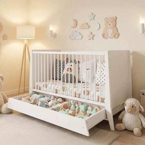 Lit Bébé Évolutif Avec Tiroir Timeo 60x120 Cm (matelas Non Inclus) - Blanc