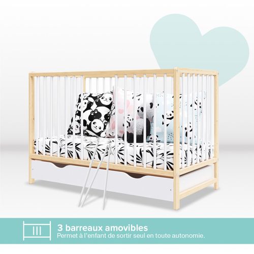 Lit Bébé Évolutif Avec Tiroir Mathis 60x120 Cm (matelas Non Inclus) - Bois Naturel Et Blanc