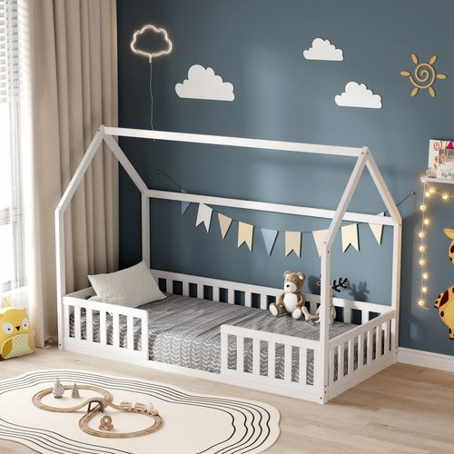Lit Cabane Avec Barrière Nid Enchanté 90x190 Cm (matelas Non Inclus)  - Blanc