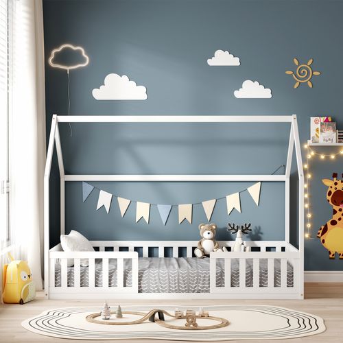 Lit Cabane Avec Barrière Nid Enchanté 90x190 Cm (matelas Non Inclus)  - Blanc