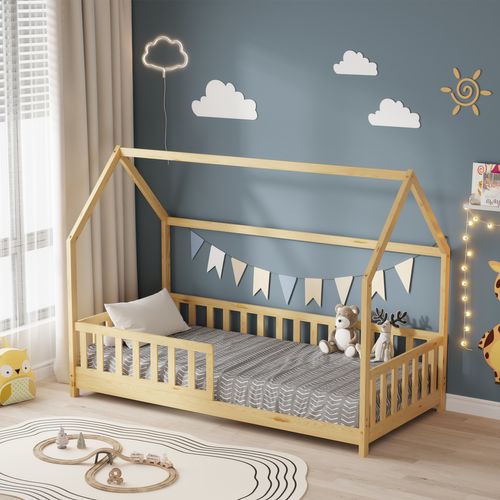 Lit Cabane Avec Barrière Tchoupi 90x190 Cm (matelas Non Inclus)  - Bois Naturel