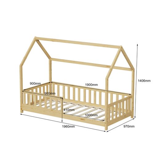 Lit Cabane Avec Barrière Tchoupi 90x190 Cm (matelas Non Inclus)  - Bois Naturel