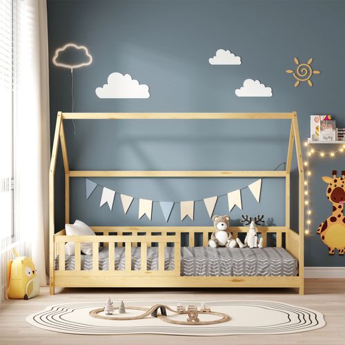 Lit Cabane Avec Barrière Tchoupi 90x190 Cm (matelas Non Inclus)  - Bois Naturel