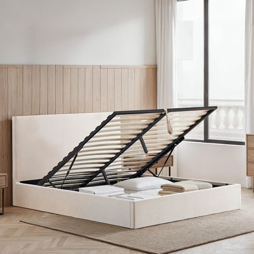 Lit Coffre Velours Beige Nemesis 140x190 Cm