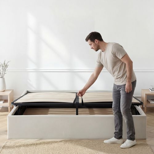 Lit Coffre Tissu Beige Atlas 140x190 Cm