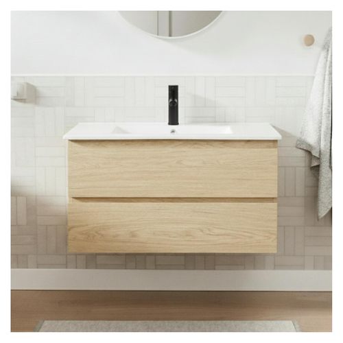 Meuble Simple Vasque 80cm Décor Chêne Sorrento + Vasque + Robinet Noir