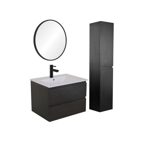 Meuble Simple Vasque 60cm Sorrento Noir +vasque+robinet Noir+miroir+colonne