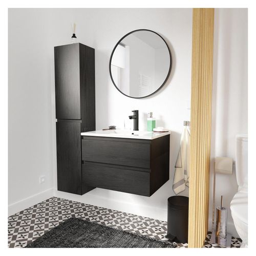 Meuble Simple Vasque 60cm Sorrento Noir +vasque+robinet Noir+miroir+colonne