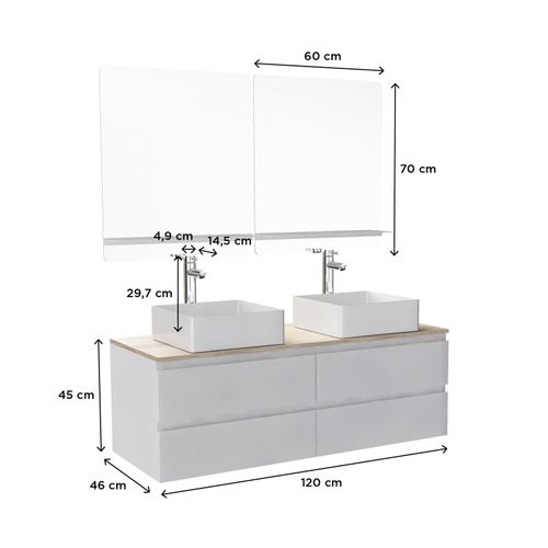 Meuble Double Vasque 120cm Avec Plan Bois Sorrento Blanc+vasque+robinet+miroir
