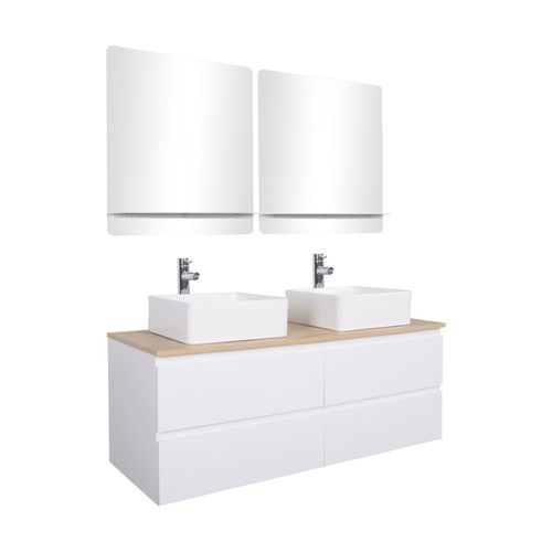 Meuble Double Vasque 120cm Avec Plan Bois Sorrento Blanc+vasque+robinet+miroir