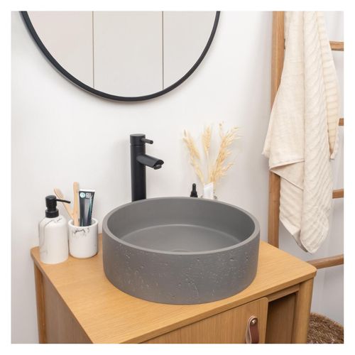 Vasque à Poser Ronde En Béton Travertin Gris 39cm