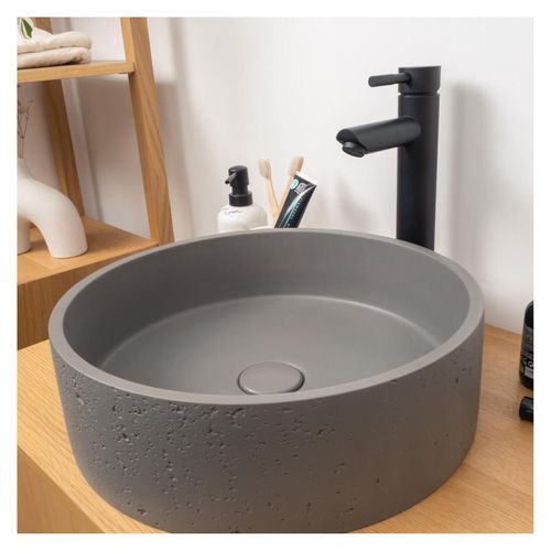 Vasque à Poser Ronde En Béton Travertin Gris 39cm