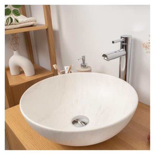 Vasque à Poser Ronde En Céramique Effet Marbre Beige 39,5cm