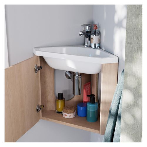 Meuble Lave-mains D'angle Décor Chêne Koda + Robinet + Armoire Miroir