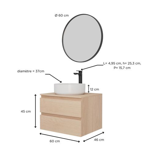 Ensemble Meuble Simple Vasque Sorrento 60 Cm + Vasque + Robinet + Miroir