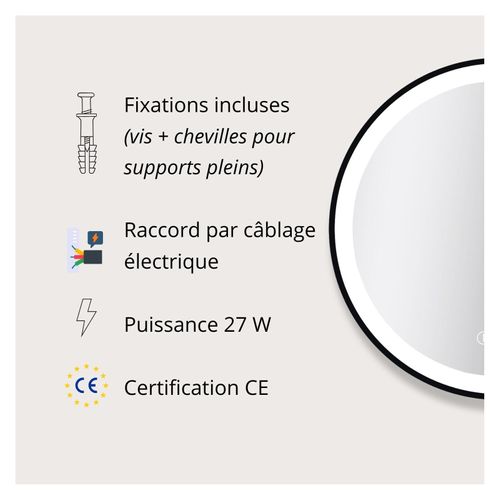 Miroir LED Rond Avec Cadre Alu Noir Aureya