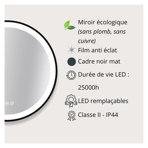 Miroir LED Rond Avec Cadre Alu Noir Aureya