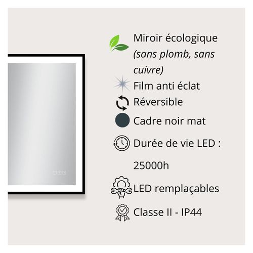 Miroir LED Rectangulaire Avec Cadre Alu Noir Veluna