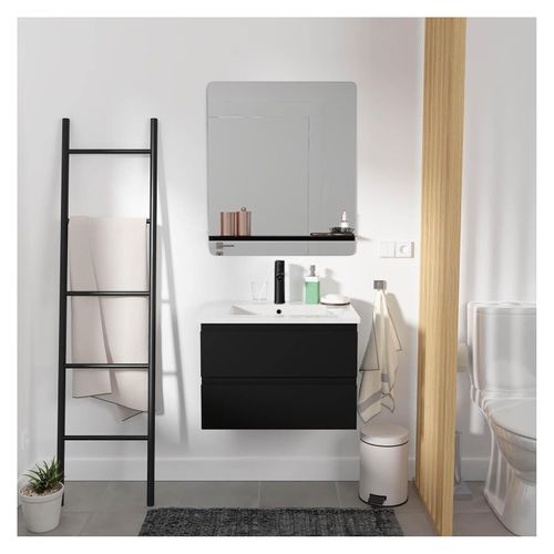 Meuble Simple Vasque 60cm Sorrento Chêne+vasque Noire+robinet+miroir Rectangle