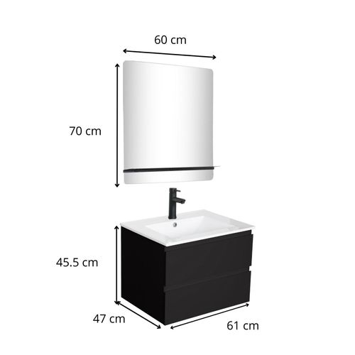 Meuble Simple Vasque 60cm Sorrento Chêne+vasque Noire+robinet+miroir Rectangle