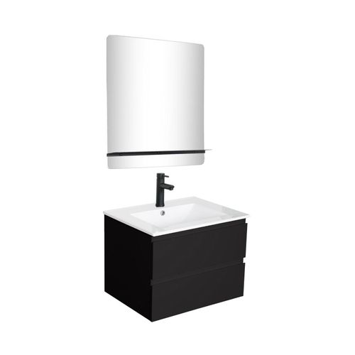 Meuble Simple Vasque 60cm Sorrento Chêne+vasque Noire+robinet+miroir Rectangle