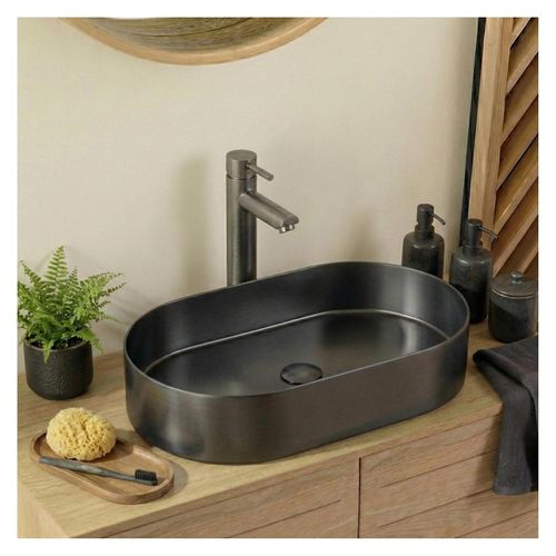 Vasque à Poser Ovale Gunmetal En Inox 55x35 Cm Avec Sa Bonde Assortie