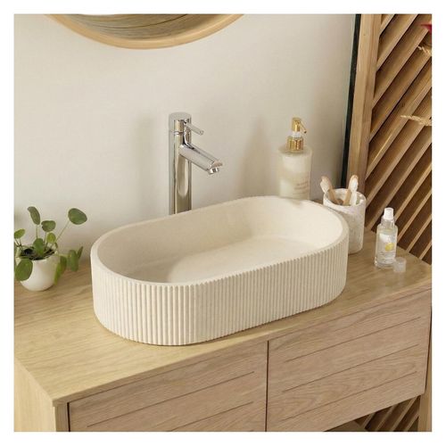 Vasque à Poser Balte Ovale En Béton Cannelé Beige 37x50cm