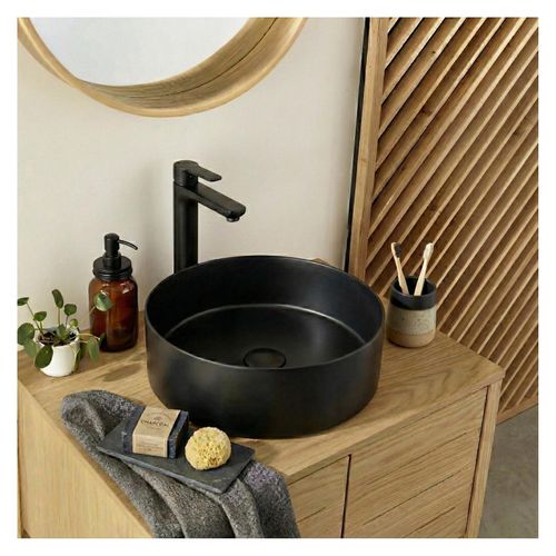 Vasque à Poser Ronde Noire En Inox 36 Cm Avec Sa Bonde Assortie
