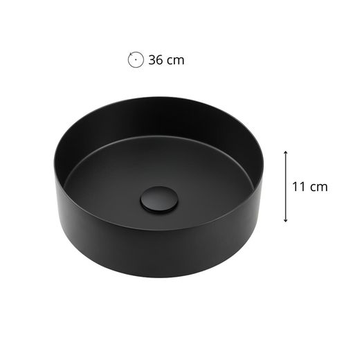 Vasque à Poser Ronde Noire En Inox 36 Cm Avec Sa Bonde Assortie