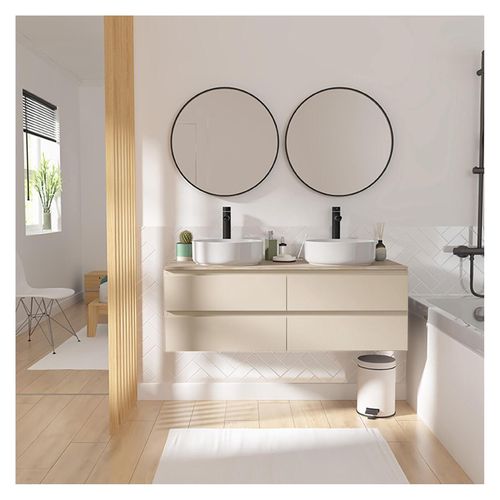 Meuble Double Vasque 120cm Avec Plan Bois Sorrento Blanc+vasque+robinet+miroir
