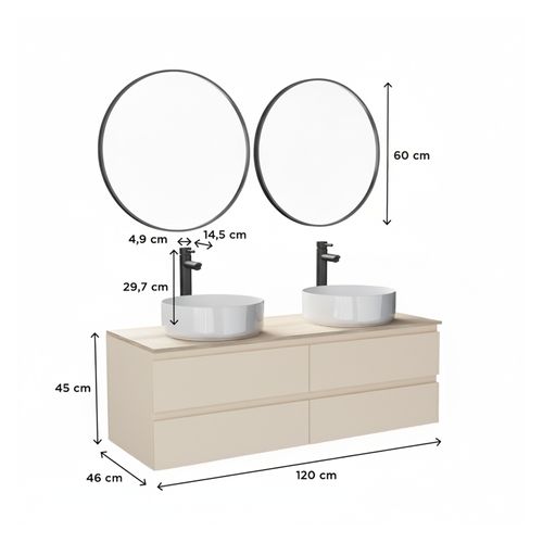 Meuble Double Vasque 120cm Avec Plan Bois Sorrento Blanc+vasque+robinet+miroir