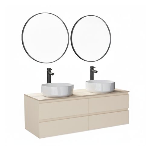 Meuble Double Vasque 120cm Avec Plan Bois Sorrento Blanc+vasque+robinet+miroir
