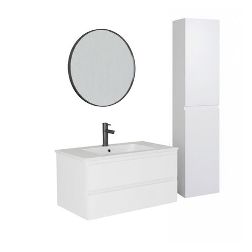 Meuble Simple Vasque 80cm Décor Chêne Sorrento+robinet Noir+miroir+colonne
