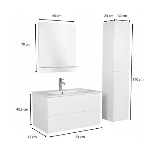 Meuble Simple Vasque 80cm Décor Chêne Sorrento+robinet Chromé+miroir+colonne