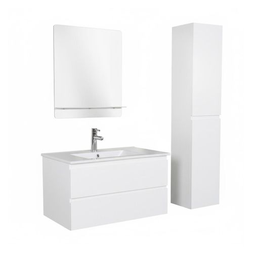 Meuble Simple Vasque 80cm Décor Chêne Sorrento+robinet Chromé+miroir+colonne
