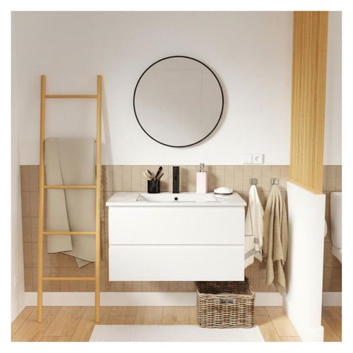 Meuble Simple Vasque 80cm Décor Chêne Sorrento +vasque +robinet Noir +miroir