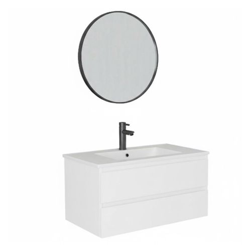 Meuble Simple Vasque 80cm Décor Chêne Sorrento +vasque +robinet Noir +miroir
