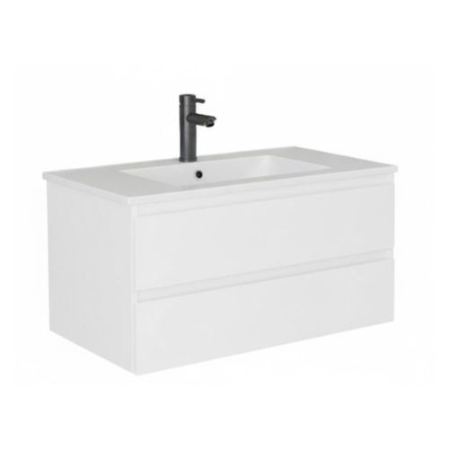 Meuble Simple Vasque 80cm Décor Chêne Sorrento + Vasque + Robinet Noir