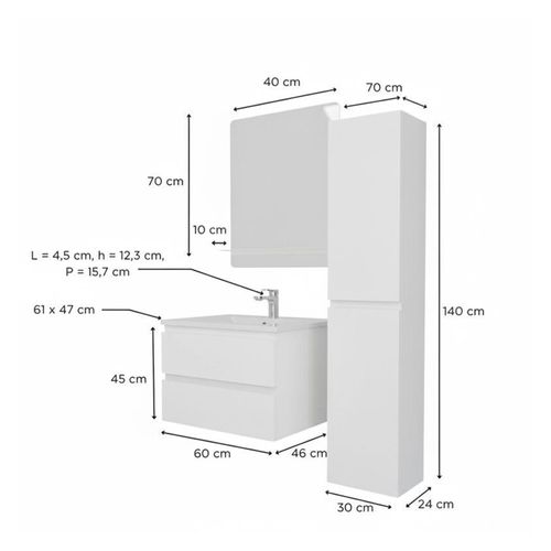 Ensemble Meuble Simple Vasque Sorrento 60 Cm + Robinet + Miroir + Colonne