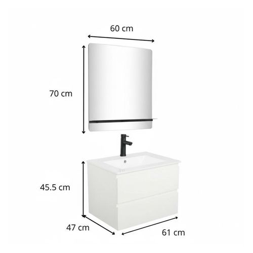 Meuble Simple Vasque 60cm Sorrento Chêne+vasque Noire+robinet+miroir Rectangle