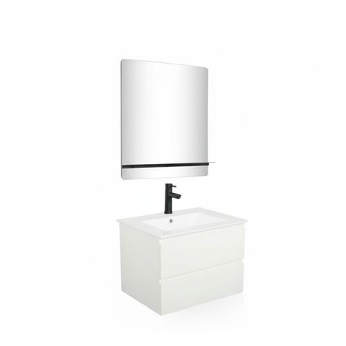 Meuble Simple Vasque 60cm Sorrento Chêne+vasque Noire+robinet+miroir Rectangle