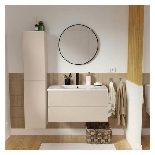 Meuble Simple Vasque 80cm Décor Chêne Sorrento+robinet Noir+miroir+colonne