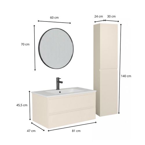 Meuble Simple Vasque 80cm Décor Chêne Sorrento+robinet Noir+miroir+colonne