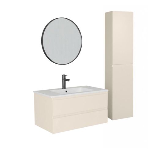 Meuble Simple Vasque 80cm Décor Chêne Sorrento+robinet Noir+miroir+colonne