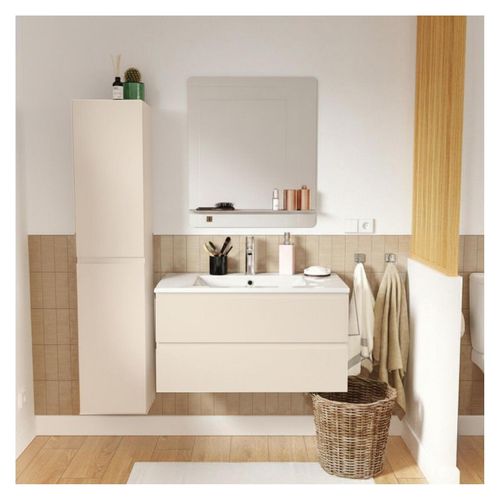 Meuble Simple Vasque 80cm Décor Chêne Sorrento+robinet Chromé+miroir+colonne