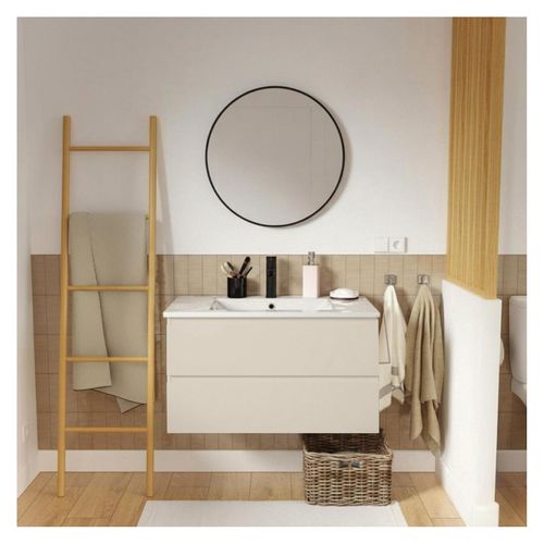 Meuble Simple Vasque 80cm Décor Chêne Sorrento +vasque +robinet Noir +miroir