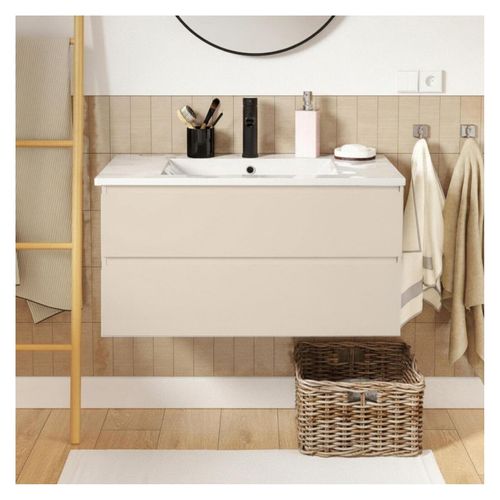 Meuble Simple Vasque 80cm Décor Chêne Sorrento + Vasque + Robinet Noir