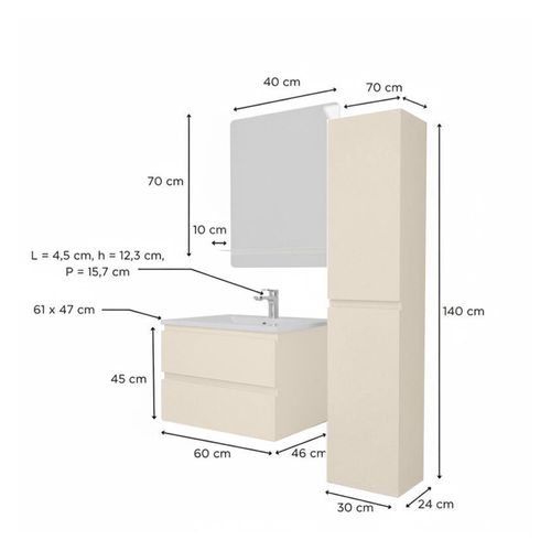 Ensemble Meuble Simple Vasque Sorrento 60 Cm + Robinet + Miroir + Colonne