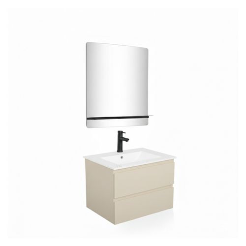 Meuble Simple Vasque 60cm Sorrento Chêne+vasque Noire+robinet+miroir Rectangle